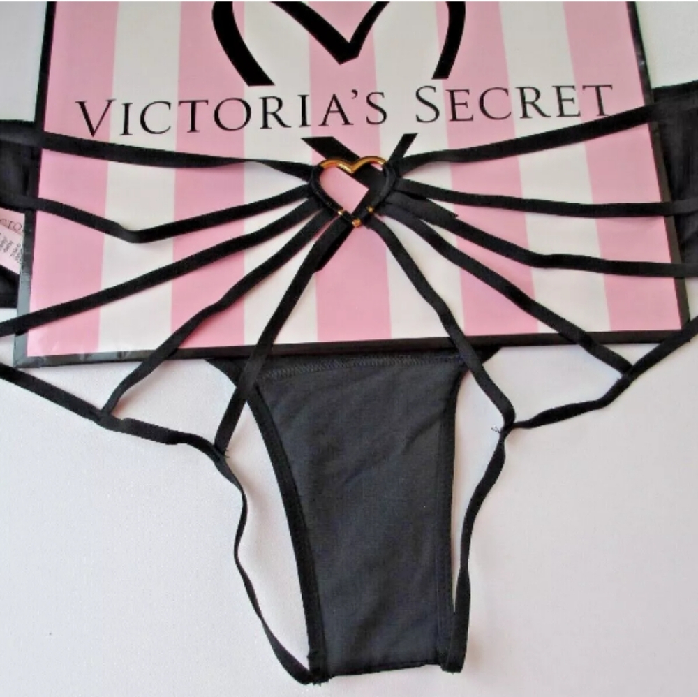 VICTORIA'S SECRET VERY SEXY Black Cheeky Panty Open Back Strappy Heart Hardware